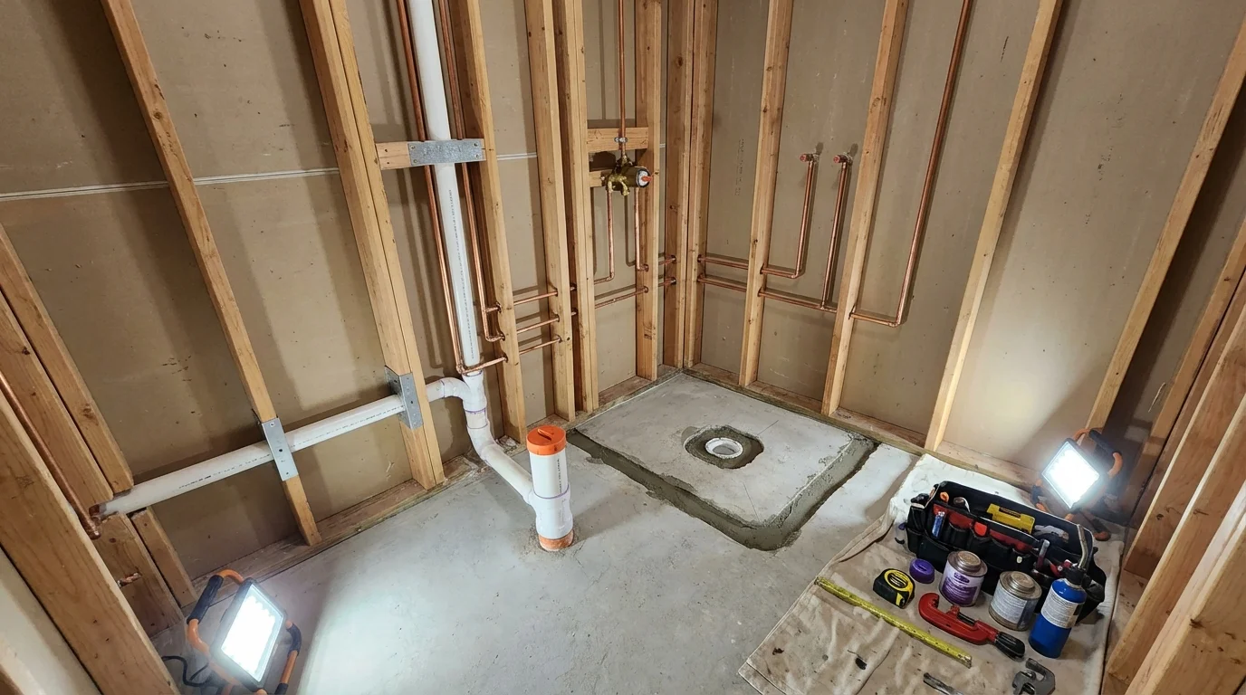 Bathroom rough-in plumbing during remodel by Johns Plumbing LLC in Wenonah
