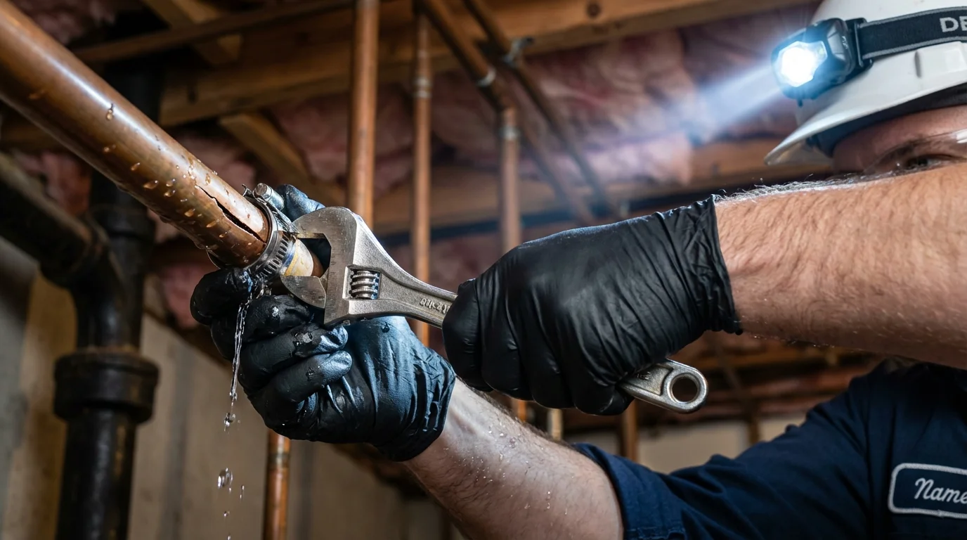 Emergency pipe clamp repair being performed by a Johns Plumbing LLC plumber in Wenonah