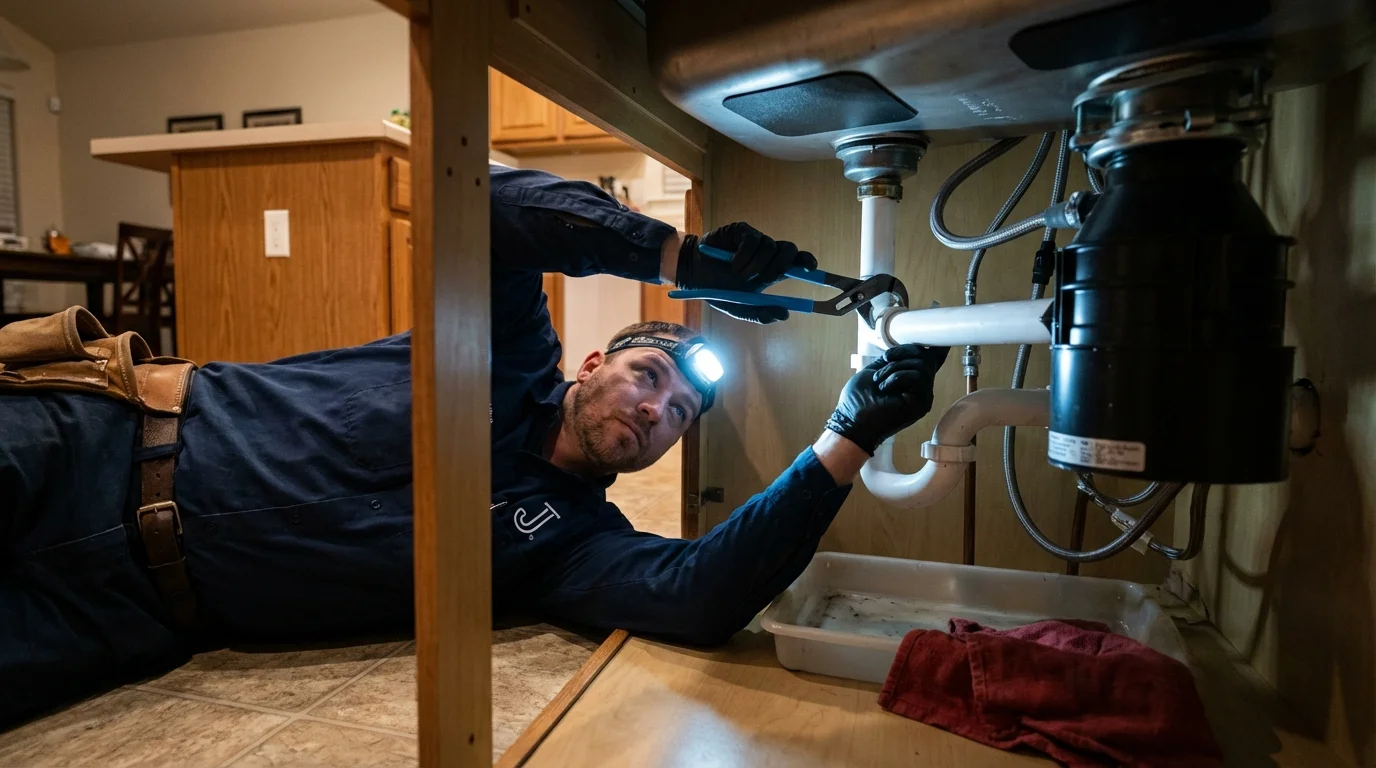 P-trap and supply line connections under a kitchen sink showing a common leak point in Wenonah, NJ
